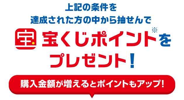 上記の条件を達成された方の中から抽せんで宝くじポイント※をプレゼント!購入金額が増えるとポイントもアップ!