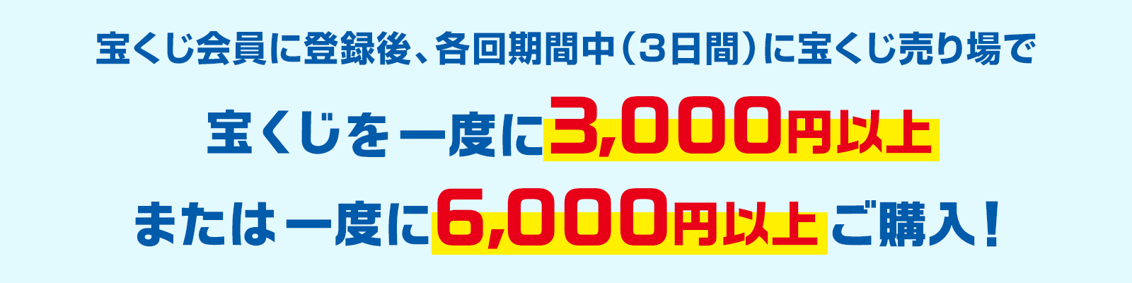宝くじ会員に登録後、各回期間中(3日間)に宝くじ売り場で宝くじを一度に3,000円以上または一度に6,000円以上ご購入!