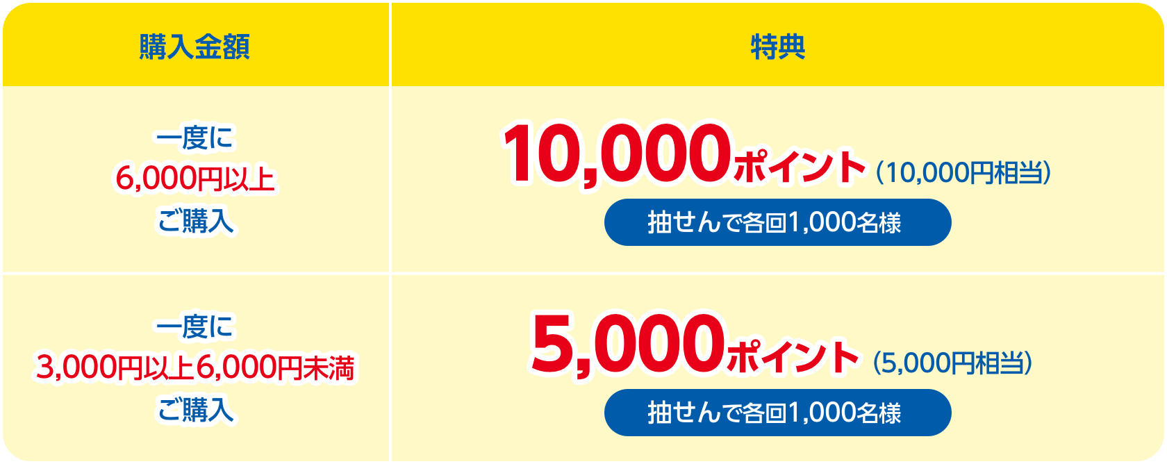 一度に6,000円以上ご購入:10,000ポイント(10,000円相当)抽せんで各回1,000名様、一度に3,000円以上6,000円未満ご購入:5,000ポイント(5,000円相当)抽せんで各回1,000名様