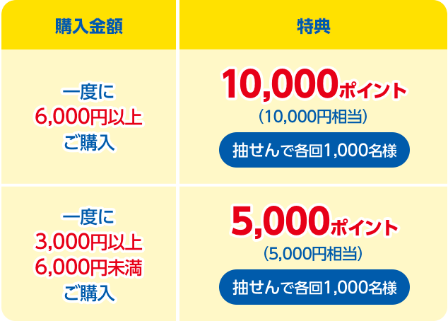 一度に6,000円以上ご購入:10,000ポイント(10,000円相当)抽せんで各回1,000名様、一度に3,000円以上6,000円未満ご購入:5,000ポイント(5,000円相当)抽せんで各回1,000名様