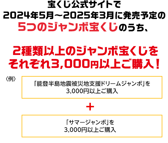 宝くじ公式サイトで2024年5月～2025年3月に発売予定の5つのジャンボ宝くじのうち、2種類以上のジャンボ宝くじをそれぞれ3,000円以上ご購入! 例 「能登半島地震被災地支援ドリームジャンボ」を3,000円以上ご購入 ＋ 「サマージャンボ」を3,000円以上ご購入