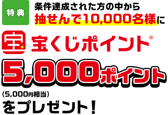 特典 条件達成された方の中から抽せんで10,000名様に宝くじポイント※5,000ポイント(5,000円相当)をプレゼント!