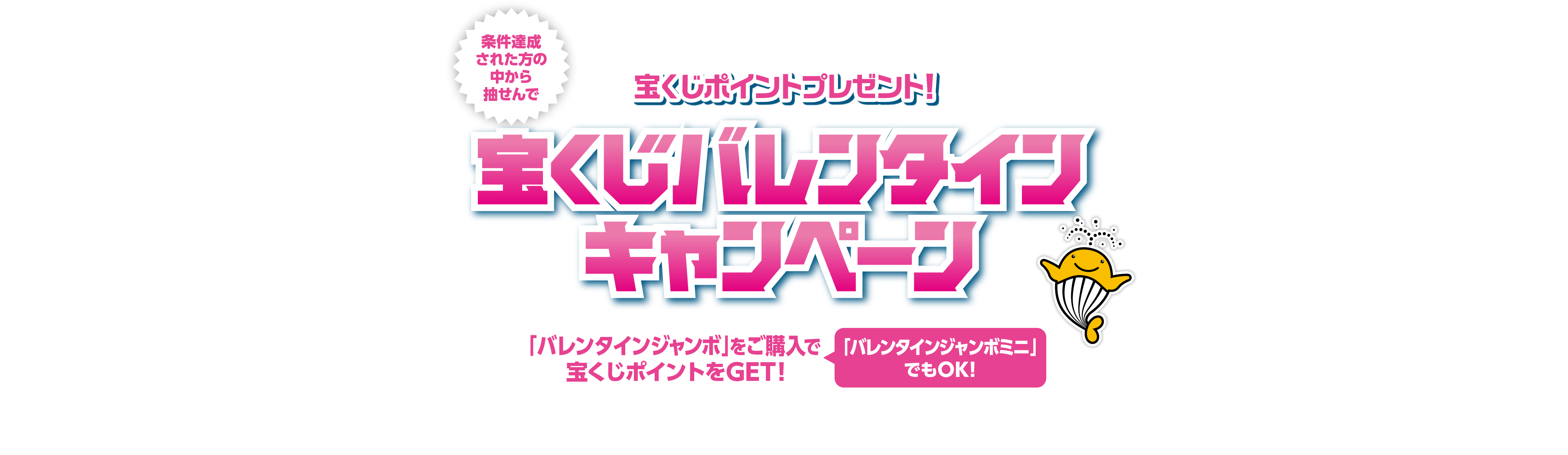 宝くじ公式サイト限定！！条件達成された方の中から抽せんで宝くじポイントプレゼント！宝くじバレンタインキャンペーン「バレンタインジャンボ」をご購入で宝くじポイントをGET！「バレンタインジャンボミニ」でもOK！キャンペーン期間：2025年2月7日(金)〜3月10日(月)