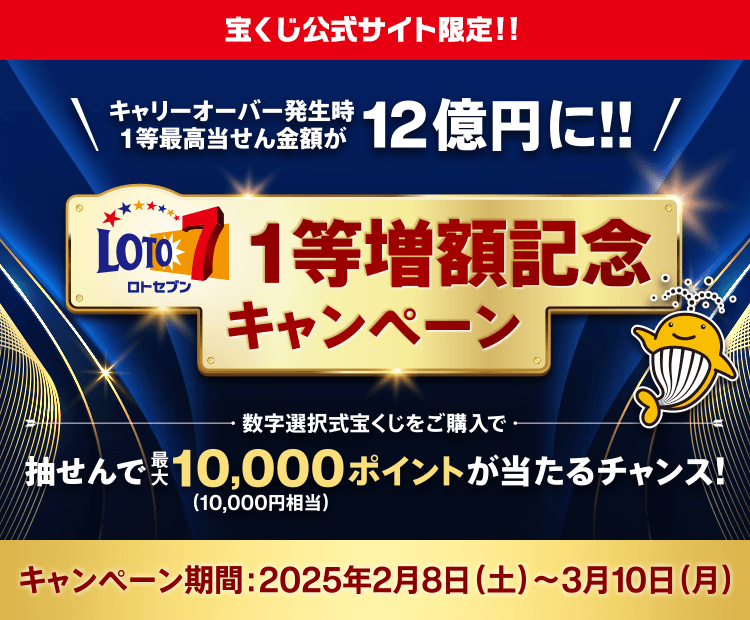 宝くじ公式サイト限定!!キャリーオーバー発生時1等最高当せん金額が12億円に!!【ロト7】1等増額記念キャンペーン 数字選択式宝くじをご購入で抽せんで最大10,000ポイント(10,000円相当)が当たるチャンス! キャンペーン期間：2025年2月8日(土)～3月10日(月)