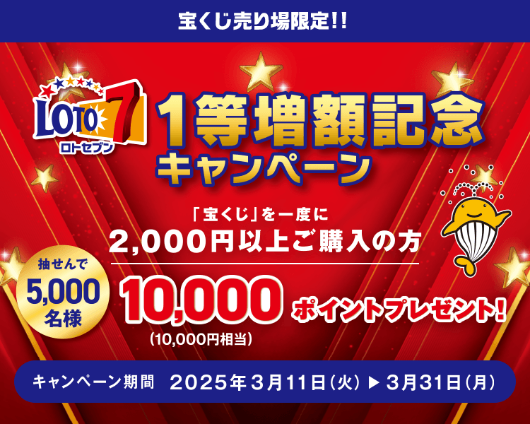 宝くじ売り場限定!!【ロト7】1等増額記念キャンペーン 「宝くじ」を一度に2,000円以上ご購入の方 抽せんで5,000名様 10,000ポイント(10,000円相当)プレゼント！ キャンペーン期間：2025年3月11日(火)～3月31日(月)