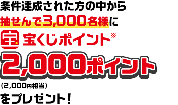 条件達成された方の中から抽せんで3,000名様に宝くじポイント※2,000ポイント（2,000円相当）をプレゼント！