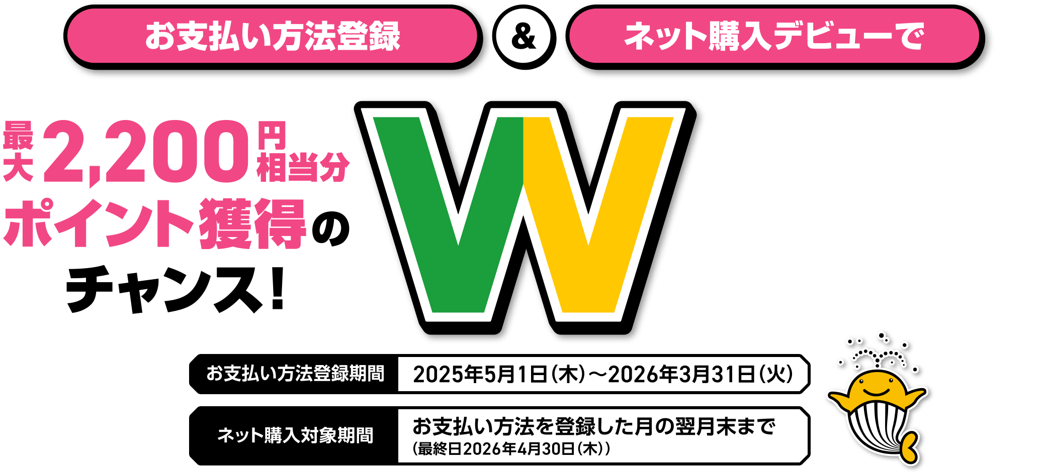 お支払い方法登録＆ネット購入デビューで最大2,200円相当分ポイント獲得のチャンス! Wチャンスキャンペーン お支払い方法登録期間 2025年5月1日(木)～2026年3月31日(火) ネット購入対象期間 お支払い方法を登録した月の翌月末まで(最終日2026年4月30日(木))