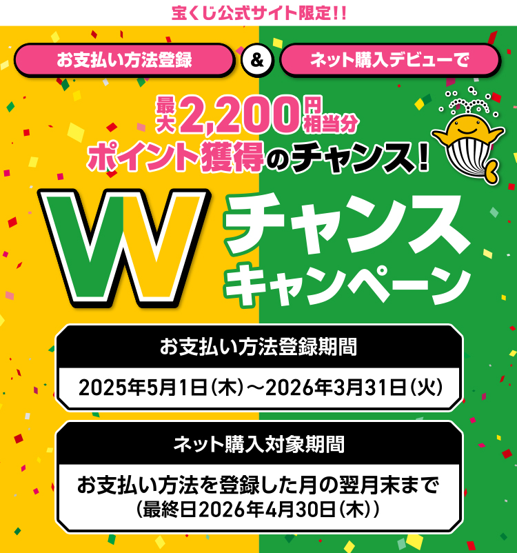 宝くじ公式サイト限定!! お支払い方法登録＆ネット購入デビューで最大2,200円相当分ポイント獲得のチャンス! Wチャンスキャンペーン お支払い方法登録期間 2025年5月1日(木)～2026年3月31日(火) ネット購入対象期間 お支払い方法を登録した月の翌月末まで(最終日2026年4月30日(木))