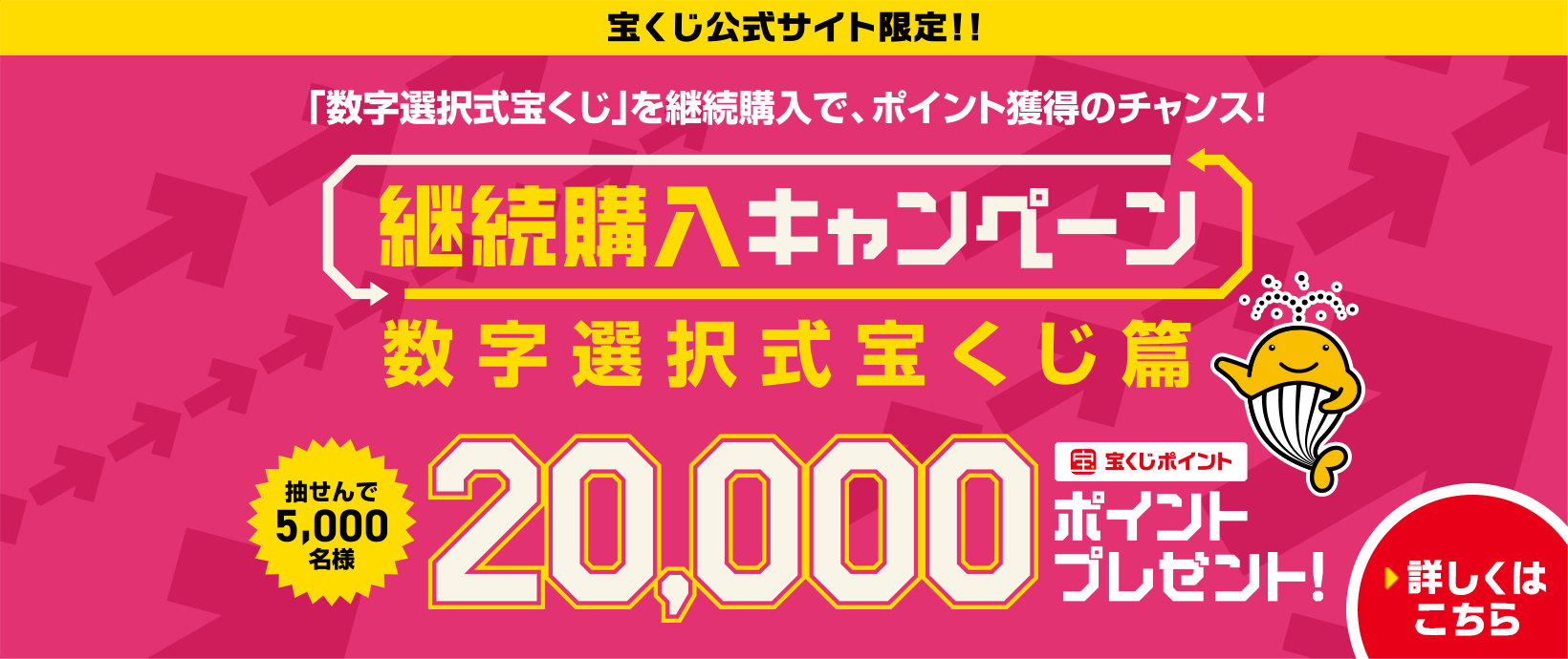宝くじ公式サイト限定!!「数字選択式宝くじ」を継続購入で、ポイント獲得のチャンス!継続購入キャンペーン 数字選択式宝くじ篇 抽せんで5,000名様 宝くじポイント20,000ポイントプレゼント! 詳しくはこちら