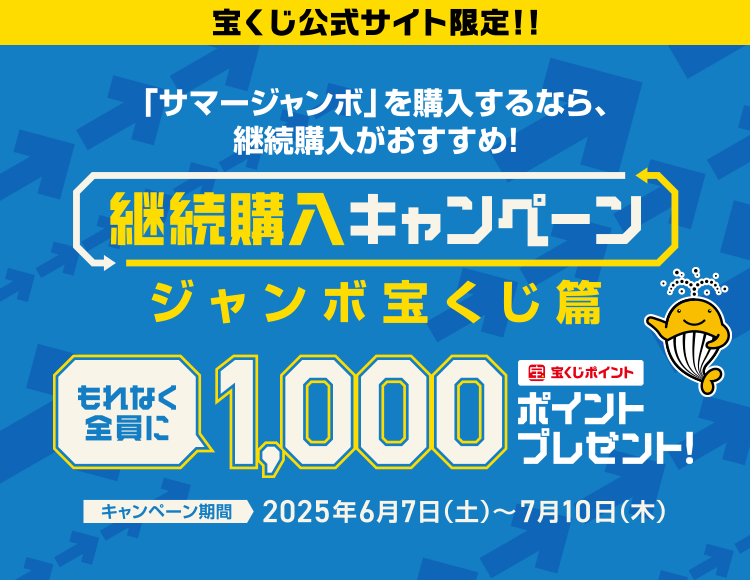 宝くじ公式サイト限定！！「サマージャンボ」を購入するなら、継続購入がおすすめ！継続購入キャンペーン ジャンボ宝くじ篇 もれなく全員に 宝くじポイント1,000ポイントプレゼント！キャンペーン期間 2025年6月7日（土）～7月10日（木）