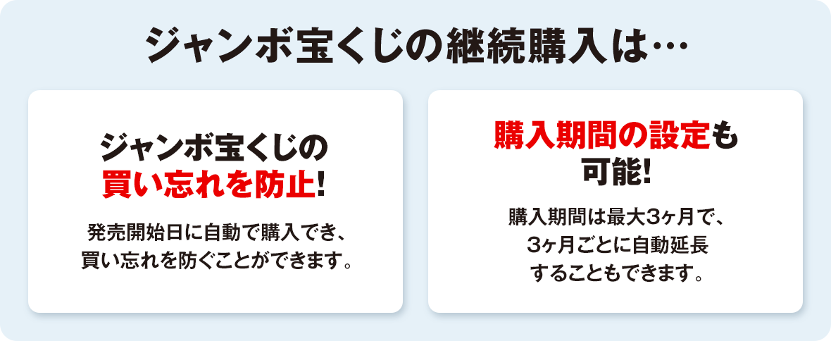 ジャンボ宝くじの継続購入は… ジャンボ宝くじの買い忘れを防止！発売開始日に自動で購入でき、買い忘れを防ぐことができます。購入期間の設定も可能！購入期間は最大3ヶ月で、3ヶ月ごとに自動延長することもできます。