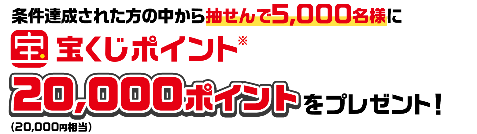 条件達成された方の中から抽せんで5,000名様に宝くじポイント※20,000ポイント（20,000円相当）をプレゼント！