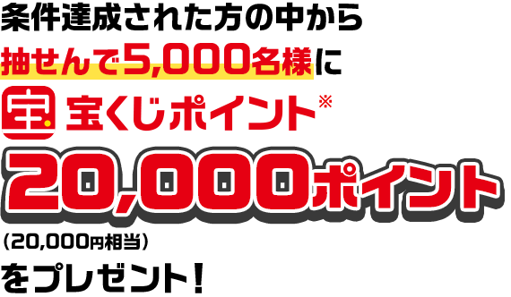 条件達成された方の中から抽せんで5,000名様に宝くじポイント※20,000ポイント（20,000円相当）をプレゼント！