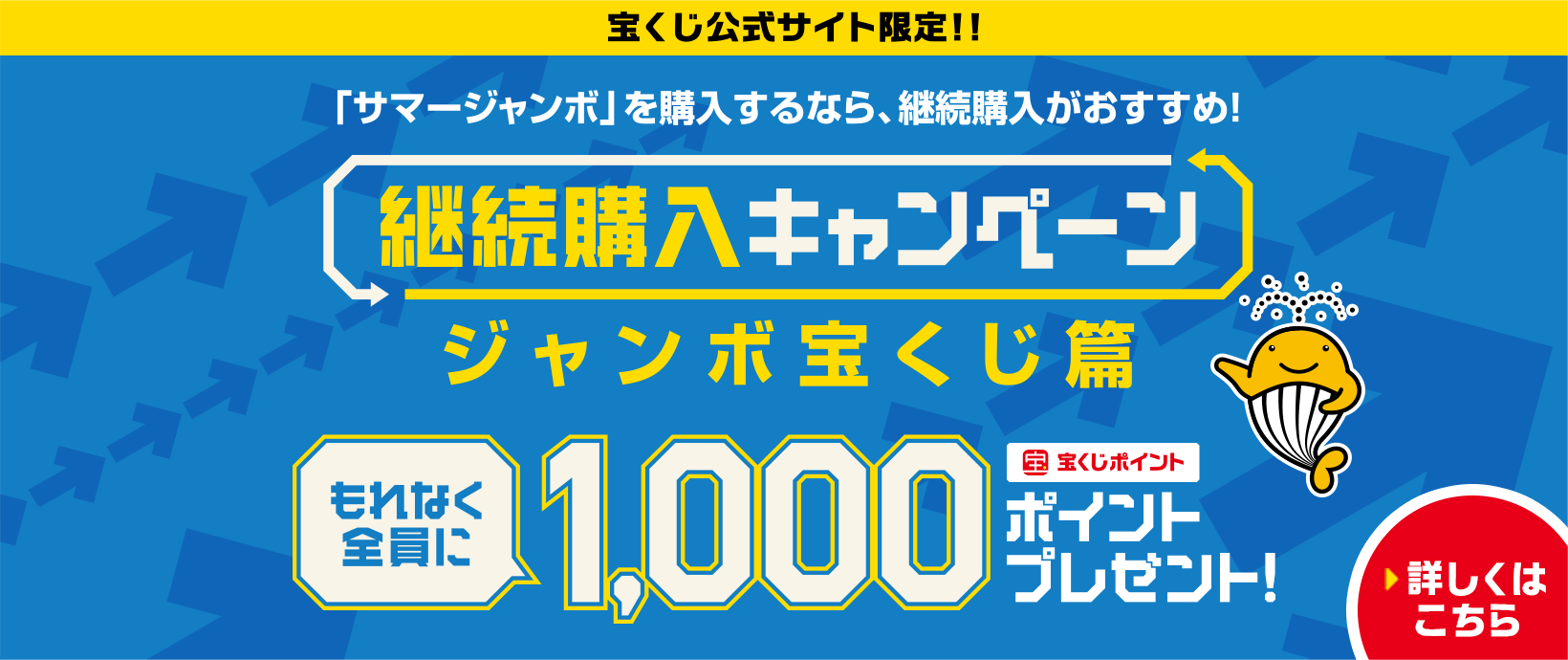 宝くじ公式サイト限定!!「サマージャンボ」を購入するなら、継続購入がおすすめ!継続購入キャンペーン ジャンボ宝くじ篇 もれなく全員に 宝くじポイント1,000ポイントプレゼント! 詳しくはこちら