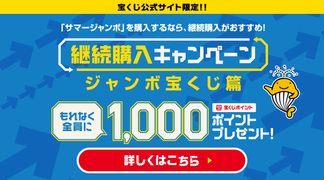 宝くじ公式サイト限定!!「サマージャンボ」を購入するなら、継続購入がおすすめ!継続購入キャンペーン ジャンボ宝くじ篇 もれなく全員に 宝くじポイント1,000ポイントプレゼント! 詳しくはこちら