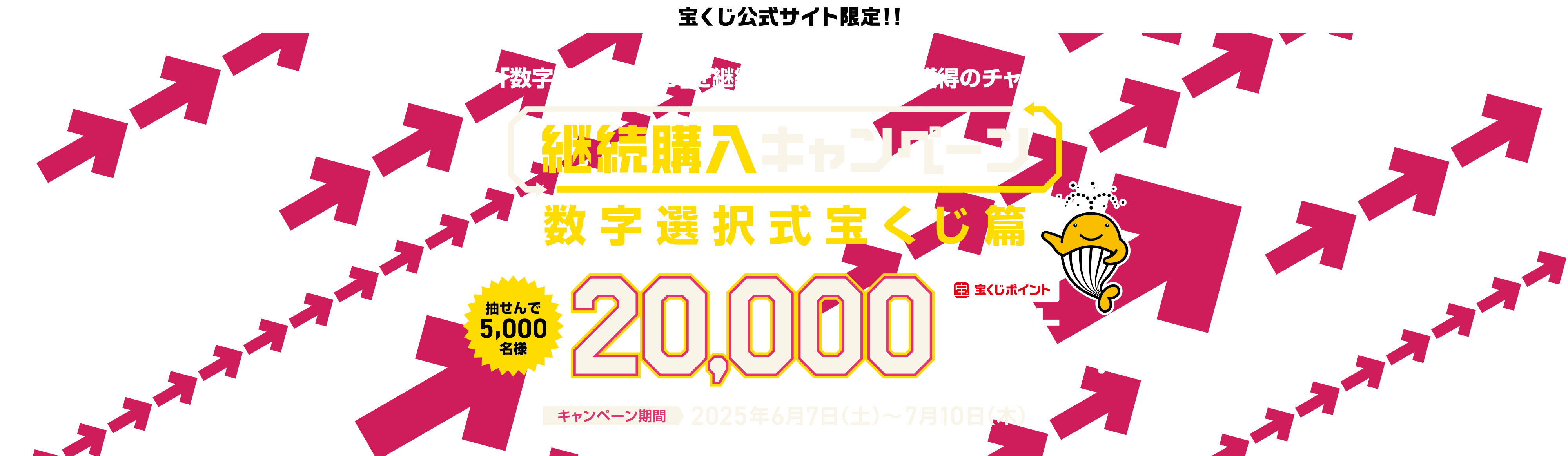 宝くじ公式サイト限定！！「数字選択式宝くじ」を継続購入で、ポイント獲得のチャンス！継続購入キャンペーン 数字選択式宝くじ篇 抽せんで5,000名様 宝くじポイント20,000ポイントプレゼント！キャンペーン期間 2025年6月7日（土）～7月10日（木）