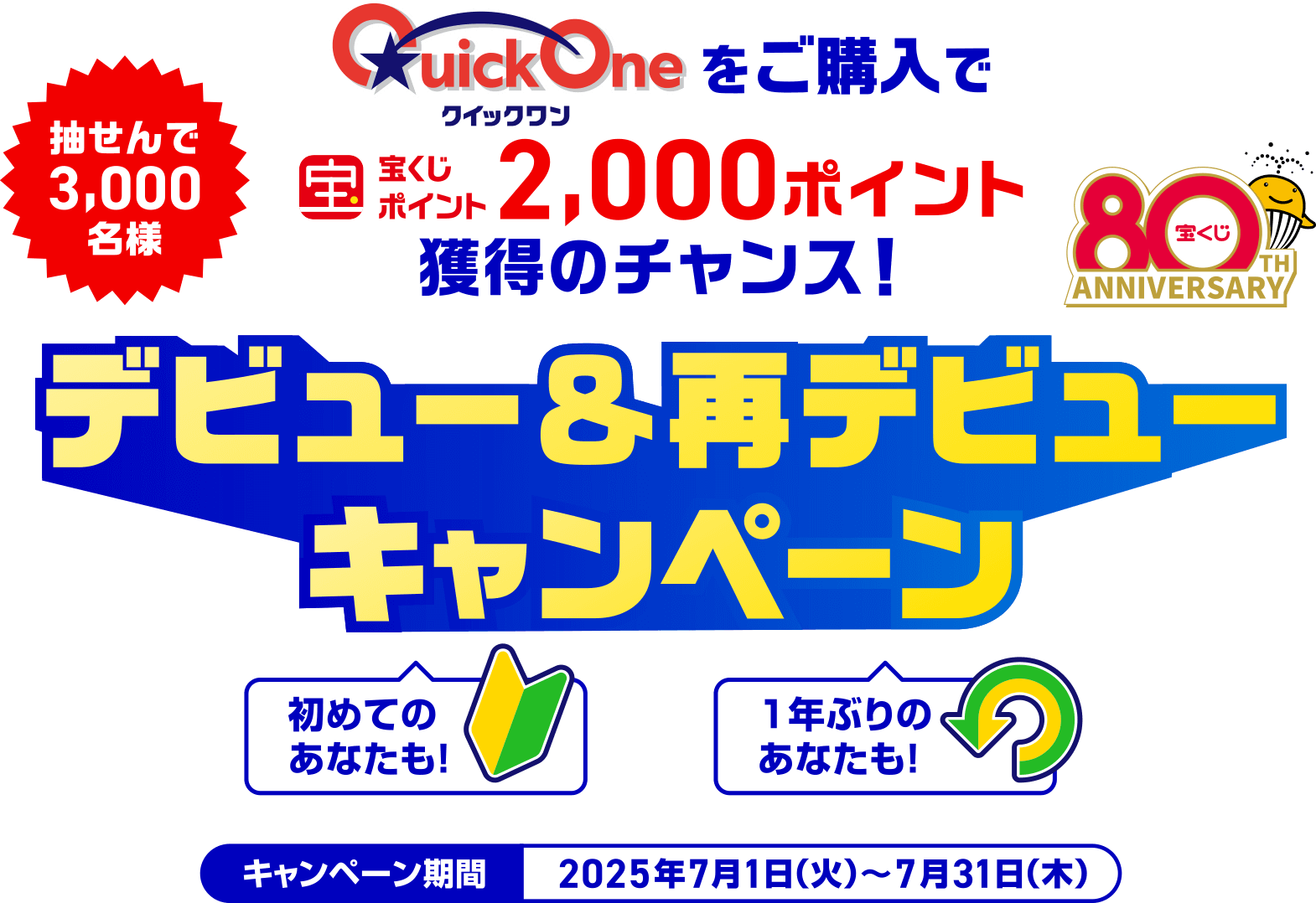 抽せんで3,000名様 クイックワンをご購入で宝くじポイント2,000ポイント獲得のチャンス! 初めてのあなたも! 1年ぶりのあなたも! クイックワンデビュー＆再デビューキャンペーン キャンペーン期間 2025年7月1日(火)～7月31日(木)