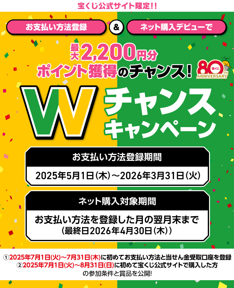 宝くじ公式サイト限定!! お支払い方法登録＆ネット購入デビューで最大2,200円分ポイント獲得のチャンス! Wチャンスキャンペーン お支払い方法登録期間 2025年5月1日(木)～2026年3月31日(火) ネット購入対象期間 お支払い方法を登録した月の翌月末まで(最終日2026年4月30日(木)) ①2025年7月1日(火)〜7月31日(木)に初めてお支払い方法と当せん金受取口座を登録 ②2025年7月1日(火)〜8月31日(日)に初めて宝くじ公式サイトで購入した方の参加条件と賞品を公開!