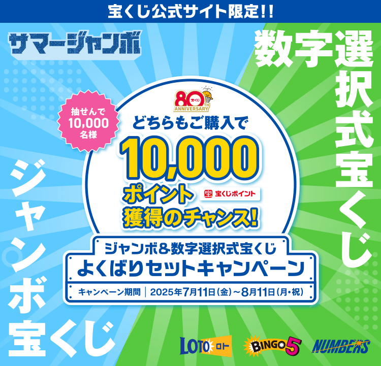 宝くじ公式サイト限定！！サマージャンボ 抽せんで10,000名様 数字選択式宝くじ ジャンボ宝くじ どちらもご購入で10,000ポイント（宝くじポイント）獲得のチャンス！ ジャンボ＆数字選択式宝くじ よくばりセットキャンペーン キャンペーン期間 2025年7月11日（金）～8月11日（月・祝）