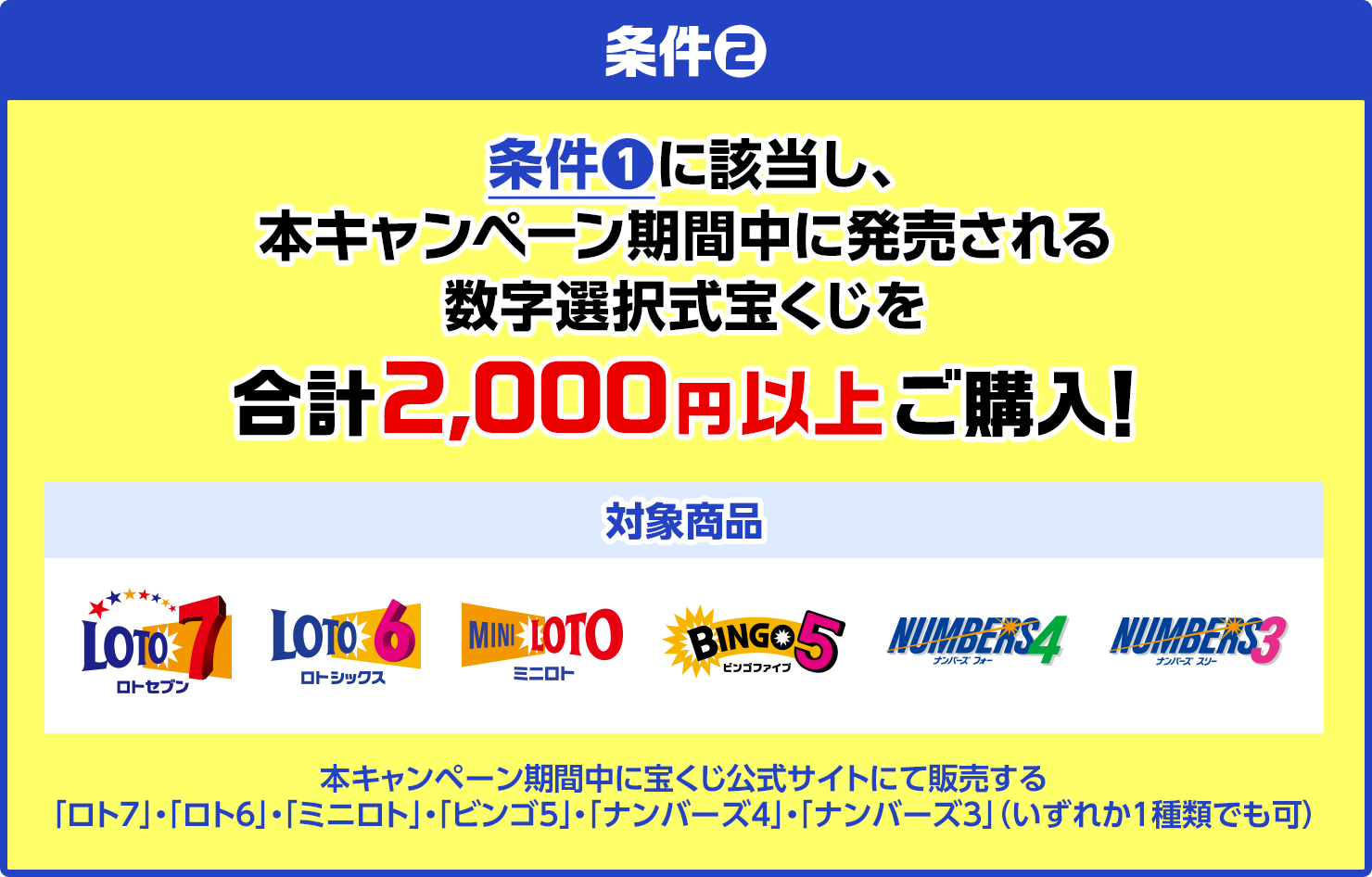 条件2 条件1に該当し、本キャンぺーン期間中に発売される数字選択式宝くじを合計2,000円以上ご購入! 対象商品 ロト7・ロト6・ミニロト・ビンゴ5・ナンバーズ4・ナンバーズ3 本キャンペーン期間中に宝くじ公式サイトにて販売する「ロト7」・「ロト6」・「ミニロト」・「ビンゴ5」・「ナンバーズ4」・「ナンバーズ3」(いずれか1種類でも可)