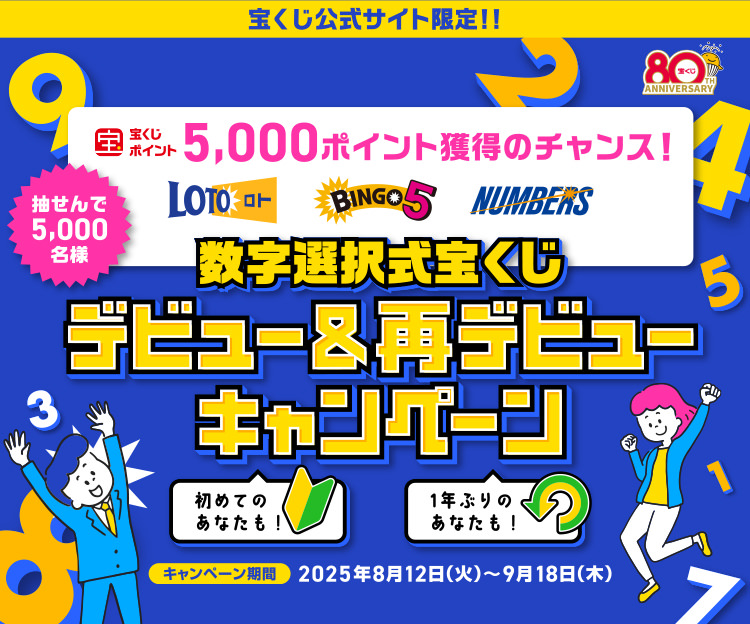 宝くじ公式サイト限定!! 抽せんで5,000名様 数字選択式宝くじをご購入で宝くじポイント5,000ポイント獲得のチャンス! 初めてのあなたも! 1年ぶりのあなたも! 数字選択式宝くじ デビュー＆再デビューキャンペーン キャンペーン期間 2025年8月12日(火)～9月18日(木)