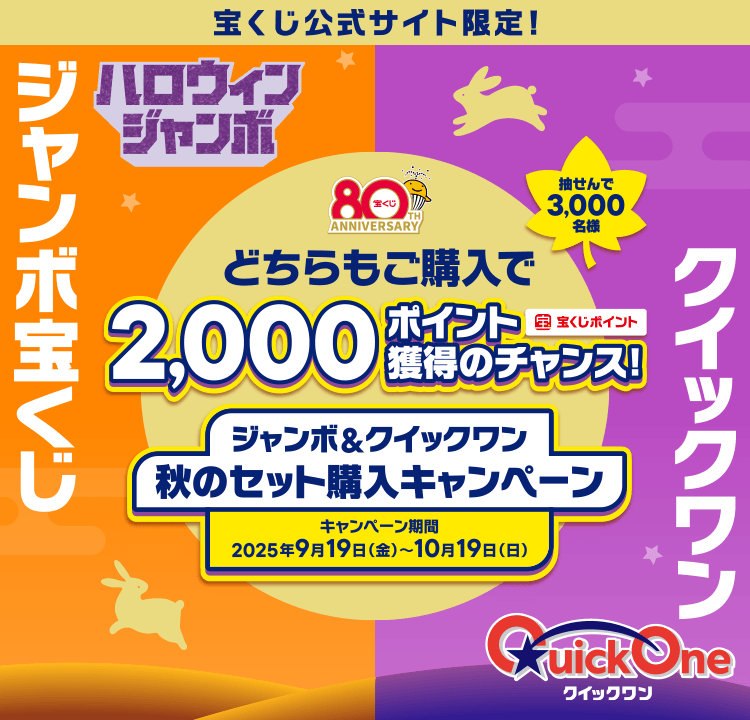 宝くじ公式サイト限定！ハロウィンジャンボ ジャンボ宝くじ クイックワン 抽せんで3,000名様 どちらもご購入で2,000ポイント（宝くじポイント）獲得のチャンス！ ジャンボ&クイックワン 秋のセット購入キャンペーン キャンペーン期間 2025年9月19日（金）～10月19日（日）