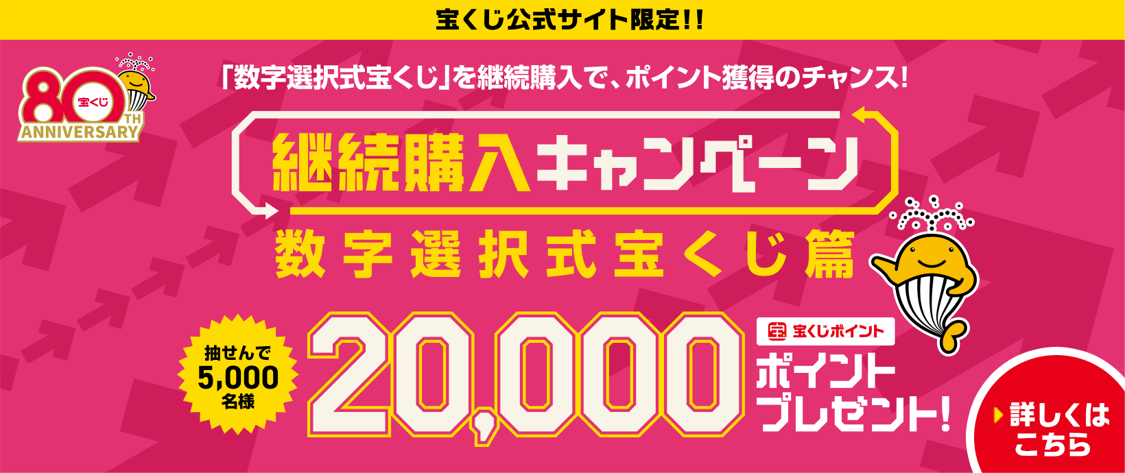 宝くじ公式サイト限定!!「数字選択式宝くじ」を継続購入で、ポイント獲得のチャンス!継続購入キャンペーン 数字選択式宝くじ篇 抽せんで5,000名様 宝くじポイント20,000ポイントプレゼント! 詳しくはこちら