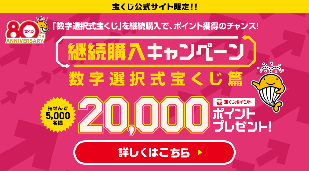 宝くじ公式サイト限定!!「数字選択式宝くじ」を継続購入で、ポイント獲得のチャンス!継続購入キャンペーン 数字選択式宝くじ篇 抽せんで5,000名様 宝くじポイント20,000ポイントプレゼント! 詳しくはこちら