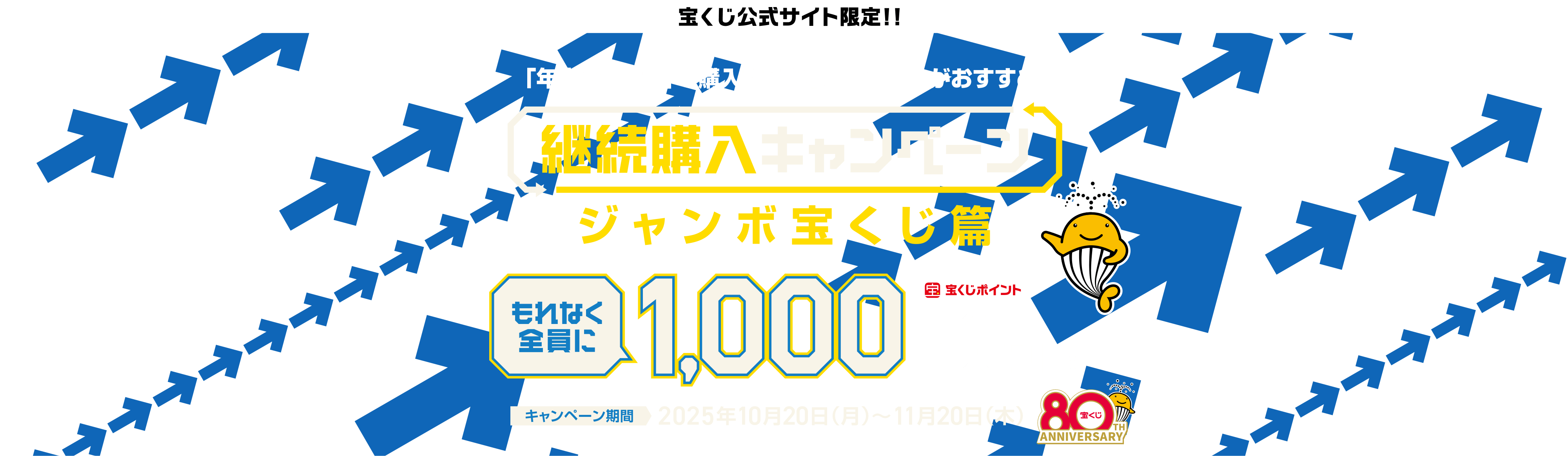 宝くじ公式サイト限定！！「年末ジャンボ」を購入するなら、継続購入がおすすめ！継続購入キャンペーン ジャンボ宝くじ篇 もれなく全員に 宝くじポイント1,000ポイントプレゼント！キャンペーン期間 2025年10月20日（月）～11月20日（木）