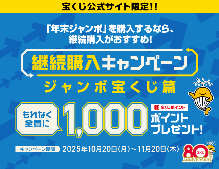 宝くじ公式サイト限定！！「年末ジャンボ」を購入するなら、継続購入がおすすめ！継続購入キャンペーン ジャンボ宝くじ篇 もれなく全員に 宝くじポイント1,000ポイントプレゼント！キャンペーン期間 2025年10月20日（月）～11月20日（木）