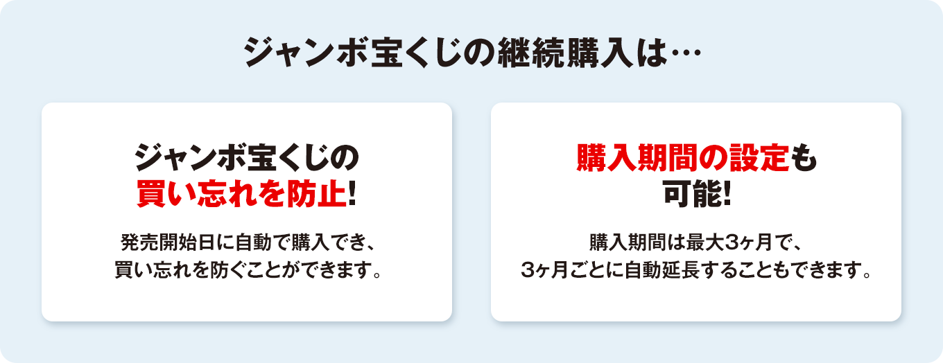 ジャンボ宝くじの継続購入は… ジャンボ宝くじの買い忘れを防止！発売開始日に自動で購入でき、買い忘れを防ぐことができます。購入期間の設定も可能！購入期間は最大3ヶ月で、3ヶ月ごとに自動延長することもできます。