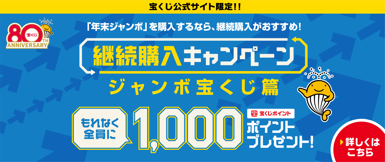 宝くじ公式サイト限定!!「年末ジャンボ」を購入するなら、継続購入がおすすめ!継続購入キャンペーン ジャンボ宝くじ篇 もれなく全員に 宝くじポイント1,000ポイントプレゼント! 詳しくはこちら