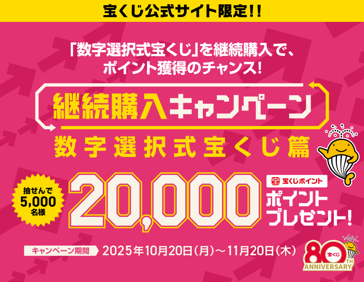 宝くじ公式サイト限定！！「数字選択式宝くじ」を継続購入で、ポイント獲得のチャンス！継続購入キャンペーン 数字選択式宝くじ篇 抽せんで5,000名様 宝くじポイント20,000ポイントプレゼント！キャンペーン期間 2025年10月20日(月)～11月20日(木)