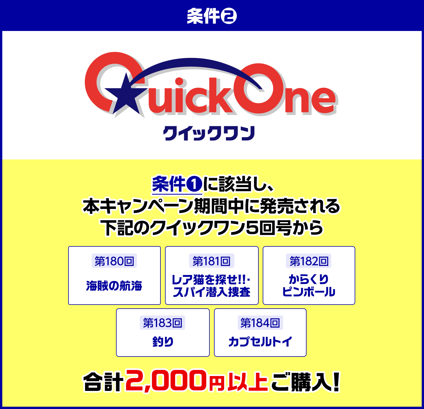 条件2 条件1に該当し、本キャンぺーン期間中に発売される下記のクイックワン5回号から 第180回 海賊の航海 第181回 レア猫を探せ!!・スパイ潜入捜査 第182回 からくりピンボール 第183回 釣り 第184回 カプセルトイ合計2,000円以上ご購入!