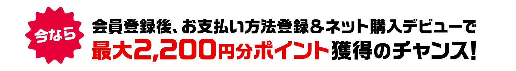 今なら 会員登録後、お支払い方法登録&ネット購入デビューで最大2,200円分ポイント獲得のチャンス！