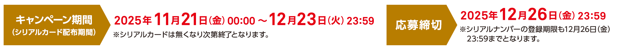 キャンペーン期間（シリアルカード配布期間） 2025年11月21日(金)00:00〜12月23日(火)23:59 ※シリアルカードは無くなり次第終了となります。 応募締切 2025年12月26日(金)23:59 ※シリアルナンバーの登録期限も12月26日(金)23:59までとなります。