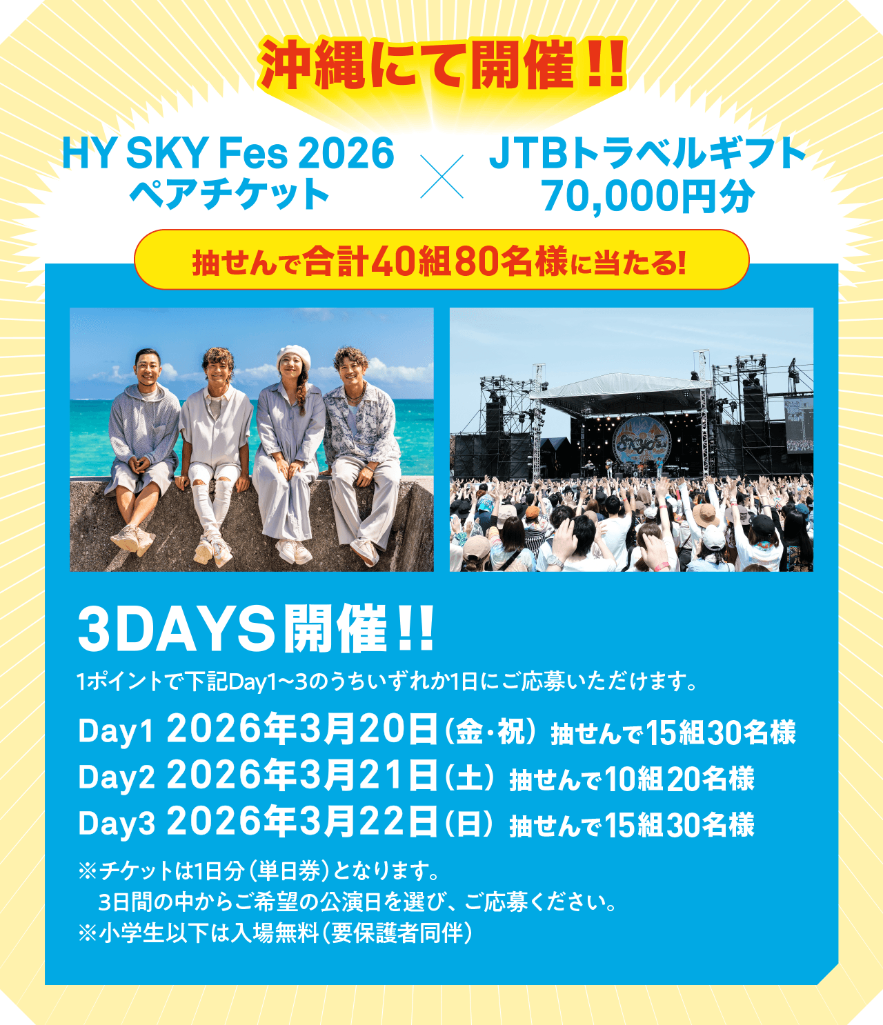 沖縄にて開催‼ HY SKY Fes 2026ペアチケット × JTBトラベルギフト70,000円分 抽せんで合計40組80名様に当たる! 3DAYS開催‼ 1ポイントで下記Day1〜3のうちいずれか1日にご応募いただけます。 Day1 2026年3月20日(金・祝)抽せんで15組30名様 Day2 2026年3月21日(土)抽せんで10組20名様 Day3 2026年3月22日(日)抽せんで15組30名様 ※チケットは1日分(単日券)となります。3日間の中からご希望の公演日を選び、ご応募ください。 ※小学生以下は入場無料(要保護者同伴)