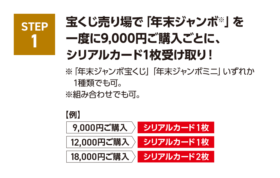 STEP1 宝くじ売り場で「年末ジャンボ※」を一度に9,000円	ご購入ごとに、シリアルカード1枚受け取り！※「年末ジャンボ宝くじ」「年末ジャンボミニ」いずれか1種類でも可。※組み合わせでも可。【例】9,000円ご購入 シリアルカード1枚 12,000円ご購入 シリアルカード1枚 18,000円ご購入 シリアルカード2枚
