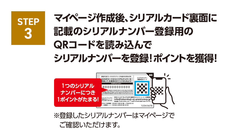 STEP3 マイページ作成後、シリアルカード裏面に記載のシリアルナンバー登録用のQRコードを読み込んでシリアルナンバーを登録！ポイントを獲得！1つのシリアルナンバーにつき1ポイントがたまる！※登録したシリアルナンバーはマイページでご確認いただけます。