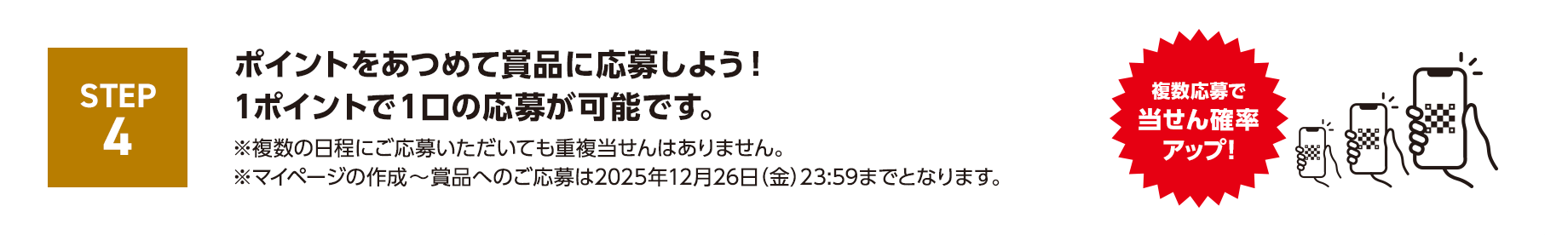 STEP4 ポイントをあつめて賞品に応募しよう！※複数の日程にご応募いただいても重複当せんはありません。※マイページの作成～賞品へのご応募は2025年12月26日（金）23:59までとなります。