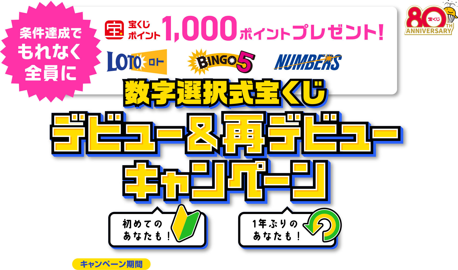 条件達成でもれなく全員に宝くじポイント1,000ポイントプレゼント! 初めてのあなたも! 1年ぶりのあなたも! 数字選択式宝くじ デビュー＆再デビューキャンペーン キャンペーン期間 2025年12月24日(水)〜2026年2月2日(月)