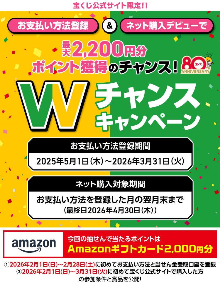 おお支払い方法登録＆ネット購入デビューで最大2,200円分ポイント獲得のチャンス! Wチャンスキャンペーン お支払い方法登録期間 2025年5月1日(木)～2026年3月31日(火) ネット購入対象期間 お支払い方法を登録した月の翌月末まで (最終日2026年4月30日(木)) 今回の抽せんで当たるポイントはAmazonギフトカード2,000円分 ①2026年2月1日(日)～2月28日(土)に初めてお支払い方法と当せん金受取口座を登録 ②2026年2月1日(日)～3月31日(火)に初めて宝くじ公式サイトで購入した方の参加条件と賞品を公開!