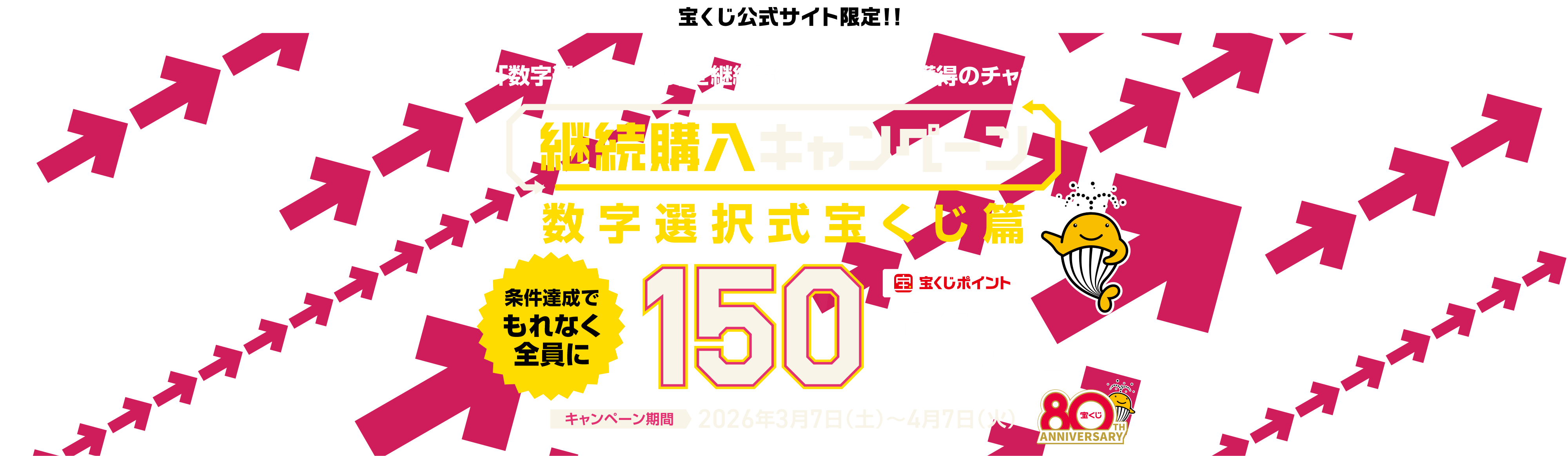 宝くじ公式サイト限定!! 「数字選択式宝くじ」を継続購入で、ポイント獲得のチャンス！ 継続購入キャンペーン 数字選択式宝くじ篇 条件達成でもれなく全員に宝くじポイント150ポイントプレゼント！キャンペーン期間 2026年3月7日（土）〜4月7日（火）