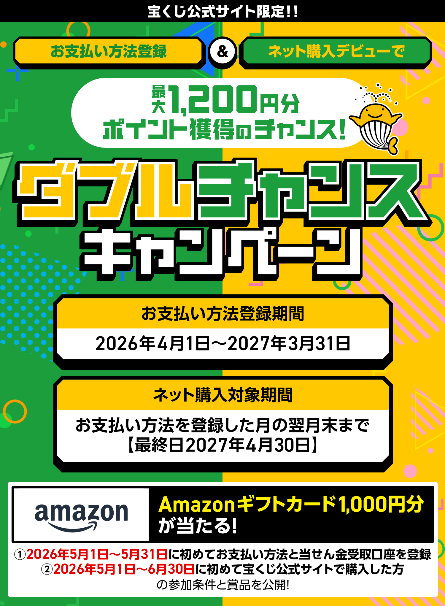 宝くじ公式サイト限定!! お支払い方法登録＆ネット購入デビューで最大1,200円分ポイント獲得のチャンス! ダブルチャンスキャンペーン お支払い方法登録期間 2026年4月1日～2027年3月31日 ネット購入対象期間 お支払い方法を登録した月の翌月末まで 【最終日2027年4月30日】 Amazonギフトカード1,000円分が当たる! ①2026年5月1日～5月31日に初めてお支払い方法と当せん金受取口座を登録 ②2026年5月1日～6月30日に初めて宝くじ公式サイトで購入した方の参加条件と賞品を公開!
