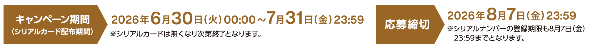 キャンペーン期間（シリアルカード配布期間） 2026年6月30日(火)00:00〜7月31日(金)23:59 ※シリアルカードは無くなり次第終了となります。 応募締切 2026年8月7日(金)23:59 ※シリアルナンバーの登録期限も8月7日(金)23:59までとなります。