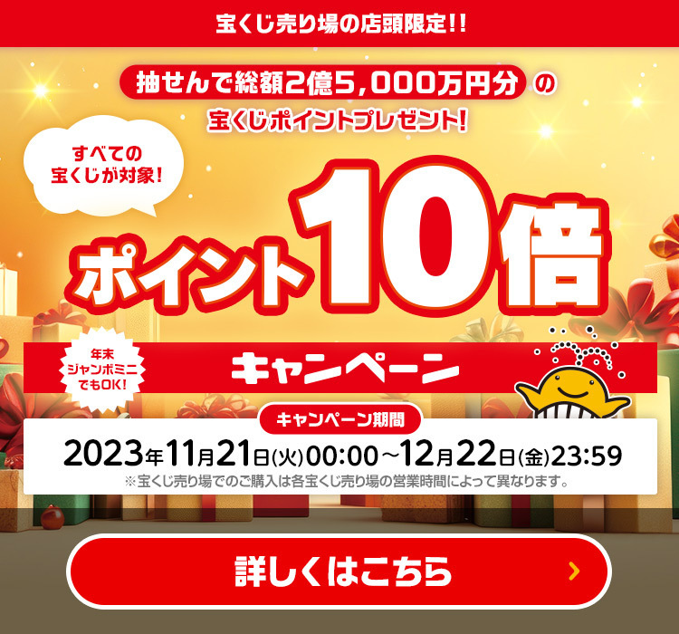 宝くじ売り場の店頭限定 すべての宝くじが対象! 抽せんで総額2億5,000万円分の宝くじポイントプレゼント! ポイント10倍キャンペーン 年末ジャンボミニでもOK! キャンペーン期間：2023年11月21日(火)00:00〜12月22日(金)23:59 ※宝くじ売り場でのご購入は各宝くじ売り場の営業時間によって異なります。 詳しくはこちら
