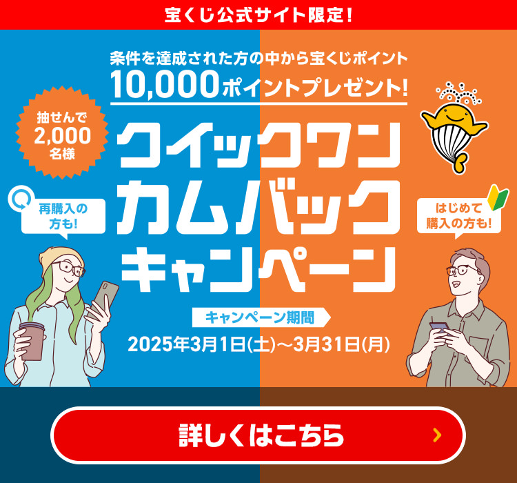 宝くじ公式サイト限定! 再購入の方も! はじめて購入の方も! 条件を達成された方の中から抽せんで2,000名様に宝くじポイント10,000ポイントプレゼント! クイックワンカムバックキャンペーン キャンペーン期間 2025年3月1日(土)～3月31日(月) 詳しくはこちら