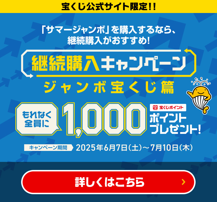 宝くじ公式サイト限定!!「サマージャンボ」を購入するなら、継続購入がおすすめ! 継続購入キャンペーン ジャンボ宝くじ篇 もれなく全員に 宝くじポイント1,000ポイントプレゼント! キャンペーン期間 2025年6月7日(土)～7月10日(木) 詳しくはこちら