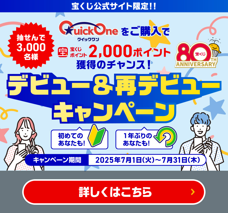 宝くじ公式サイト限定! 抽せんで3,000名様 クイックワンをご購入で宝くじポイント2,000ポイント獲得のチャンス! 初めてのあなたも! 1年ぶりのあなたも! クイックワン デビュー＆再デビューキャンペーン キャンペーン期間 2025年7月1日(火)～7月31日(木) 詳しくはこちら