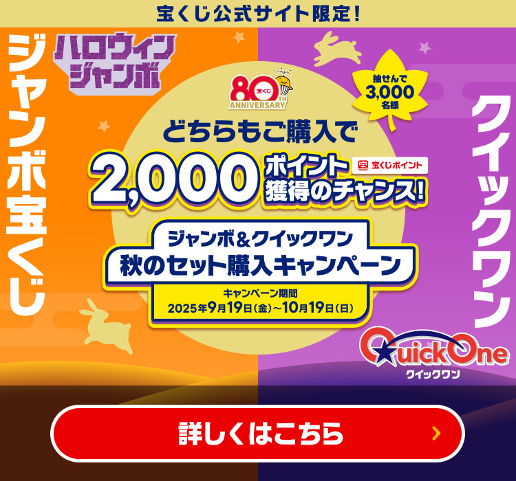 宝くじ公式サイト限定！ハロウィンジャンボ ジャンボ宝くじ クイックワン 抽せんで3,000名様 どちらもご購入で2,000ポイント（宝くじポイント）獲得のチャンス！ ジャンボ＆クイックワン 秋のセット購入キャンペーン キャンペーン期間 2025年9月19日(金)〜10月19日(日) 詳しくはこちら
